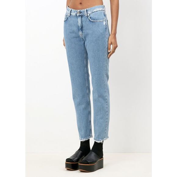 Acne Studios Denim - ACNE STUDIOS Boy Indigo Fray Jean Womens 26 Light Wash Distressed Tapered Slim